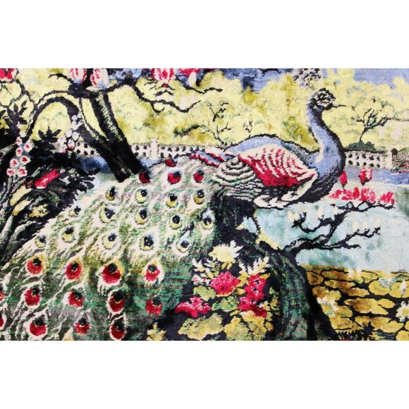 Vtg Velvet Tapestry Peacock Rug Fringe Japanese Cherry Blossom Wall Hanging Deco - Picture 2 of 5